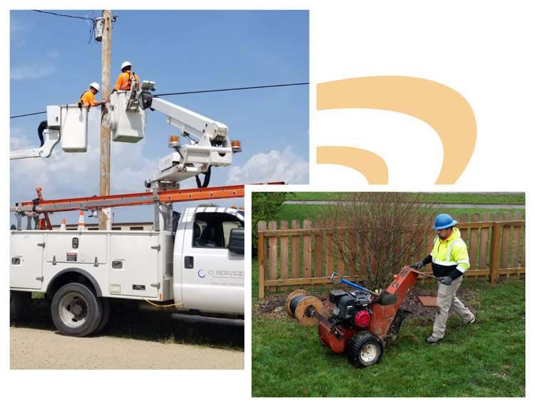 Road Crews Working on Overhead Fiber Optic Cable Lines