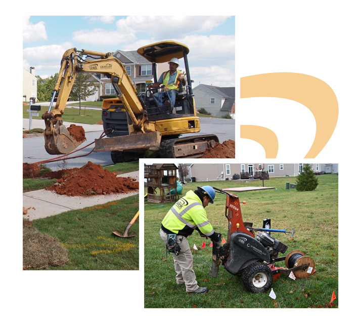 Mini Excavator Burying a Broadband Line in a Residential Area Mini Excavator Burying a Broadband Line in a Residential Area